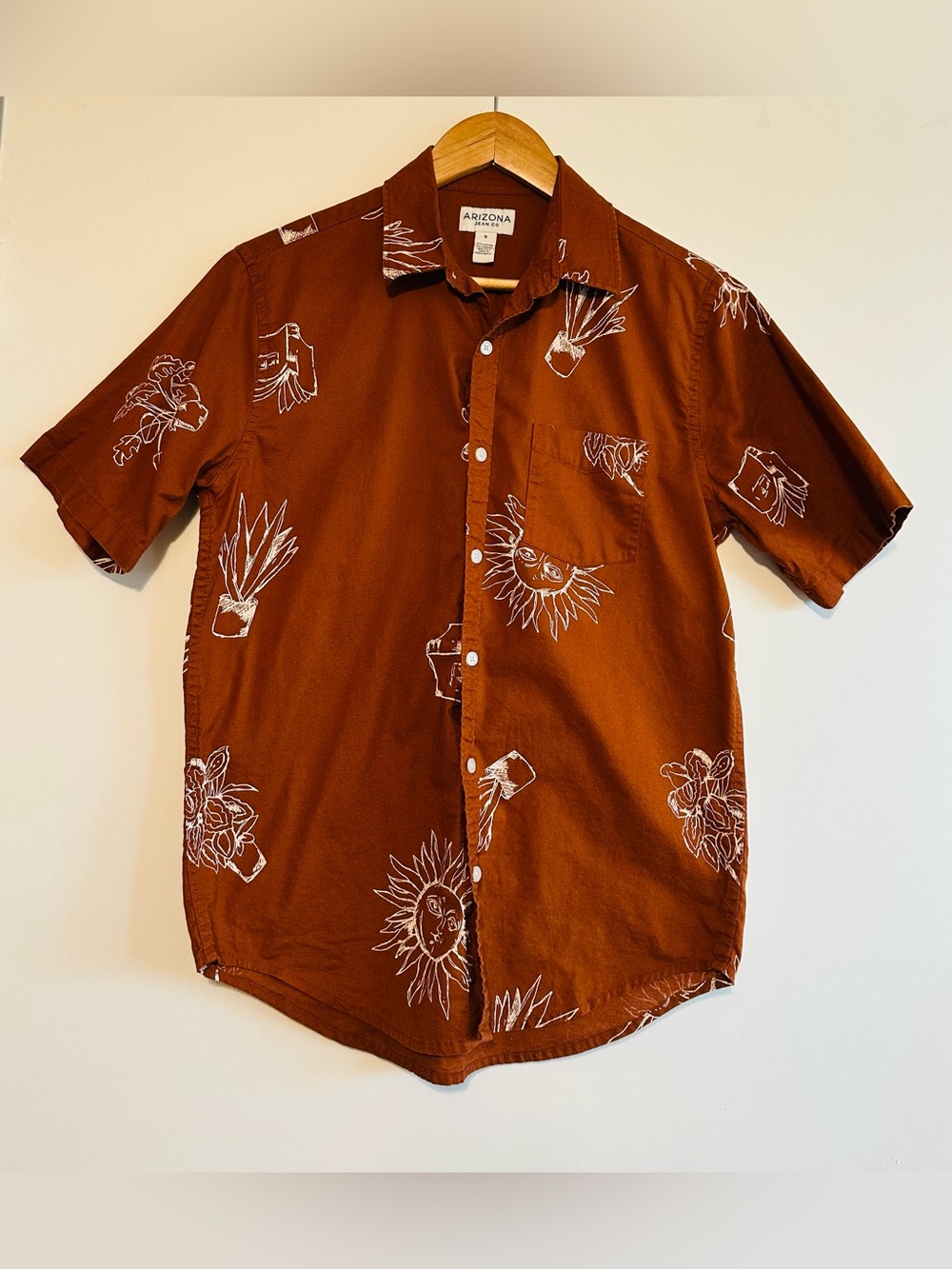 Arizona Jean Company Short-Sleeve Rust Tropical Print Cotton Button-Up Shirt - S